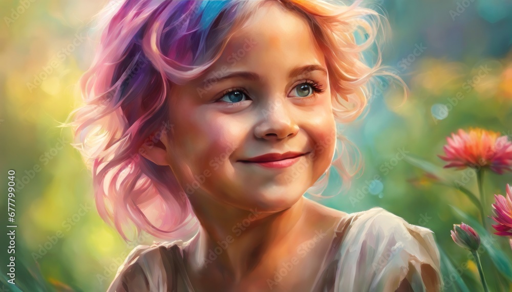 Fototapeta premium Beautiful happy baby child with colorful hairs and rainbow paint splashes on background. Watercolor art, paint drops, colorful melting hair, intricate and intense oil paint, abstract color background