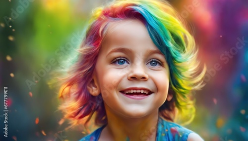 Beautiful happy baby child with colorful hairs and rainbow paint splashes on background. Watercolor art, paint drops, colorful melting hair, intricate and intense oil paint, abstract color background