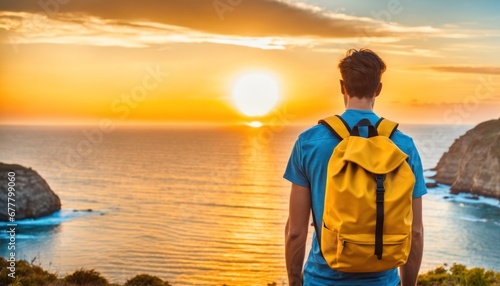 Young guy hipster with yellow backpack enjoying view on seascape near the ocean. Hiker looks from the shore in trip holiday. Tourist traveler man on background sky and blue sea landscape at sunset