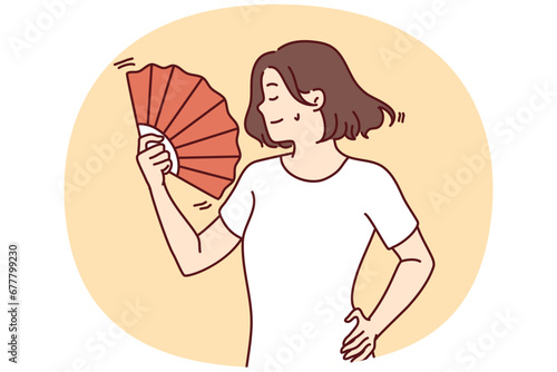 Young woman suffer from hot weather wave with hand fan. Unwell female struggle with heatstroke use waver for fresh air. Vector illustration.