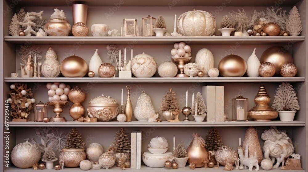  a shelf filled with lots of different types of christmas ornaments and ornaments on top of each shelf and on top of each other.