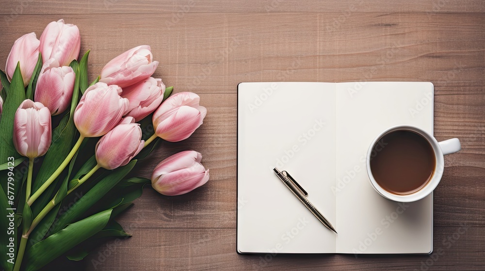 a bouquet of pink tulips next to a cup of coffee and a notepad on a wooden table. a bouquet of pink tulips next to a cup of coffee and a notepad on a wooden table.