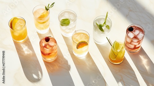  a row of glasses filled with different types of drinks and garnished with mints and lemons on a marble surface.