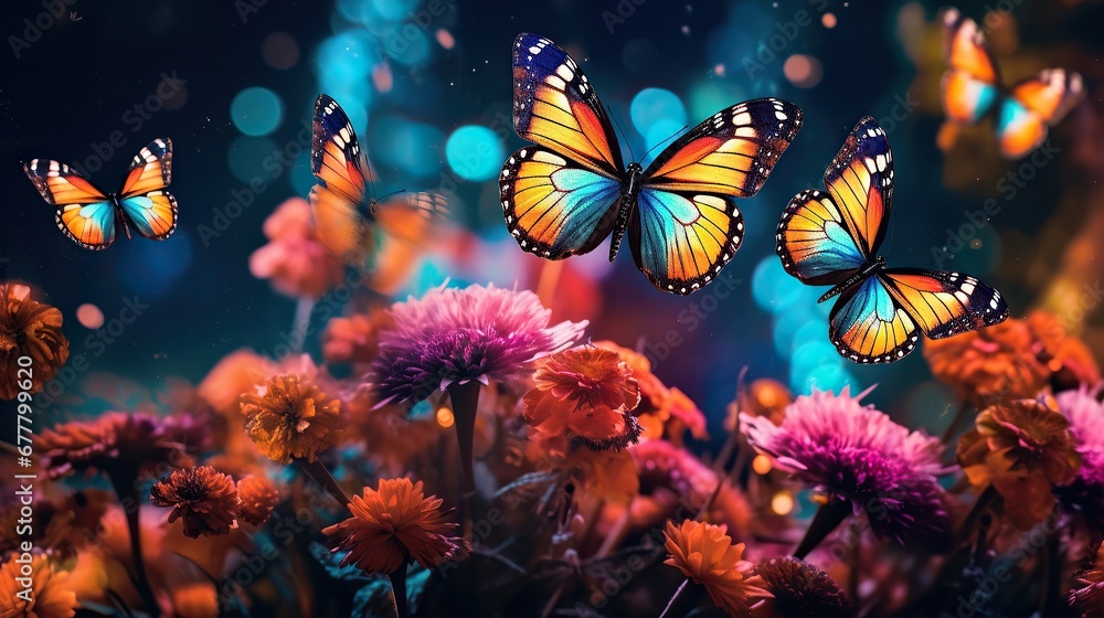colorful butterflies above the flowers at night Cinematic generative AI
