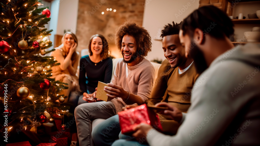 Fototapeta premium Friends sharing gifts by Christmas tree, joyful holiday gathering.