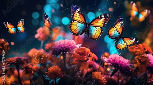 colorful butterflies above the flowers at night Cinematic generative AI © fajar