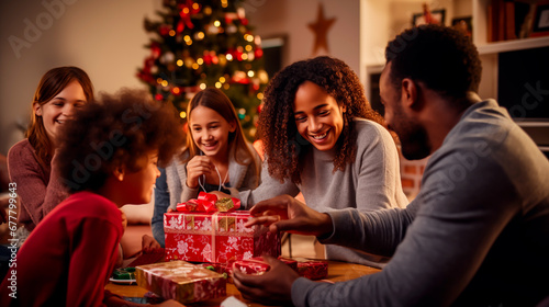 Family joyfully unwrapping Christmas presents  festive home atmosphere. 