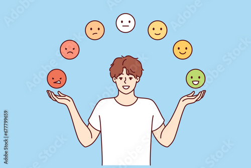 Man is trying to maintain emotional balance by juggling emoticons with positive and negative emotions. Guy develops emotional balance to avoid psychological turmoil and stress or depression