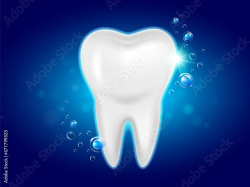 Fluoride and water bubbles float around the teeth. Tooth enamel white  clean and strong. Prevent tooth decay. Realistic vector illustration.