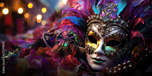 mardi gras carnival mask, beads and feathers decor on festive background, free space for text