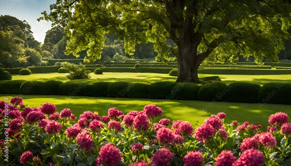 Obraz premium picturesque floral landscape in the heart of spring, where colorful flower and fresh greenery create a breathtaking scene—a meadow of nature's artistry in full bloom.
