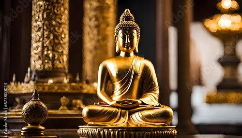 golden Buddha statue in an ancient temple, a sacred symbol of enlightenment and prayer—a tranquil oasis, blending history, art, and religious devotion in Thailand's cultural embrace.