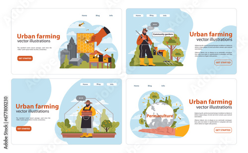 Urban farming set. City beekeeping, rooftop gardens. Gardener tending plants, global permaculture design. Sustainable city, eco-living, green urban areas. Flat vector illustration.