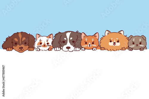Dogs and cats peek out from behind white banner designed to advertise veterinary clinic or private doctor for pets. Cute kittens and puppies for advertising animal shelters or pets hotels