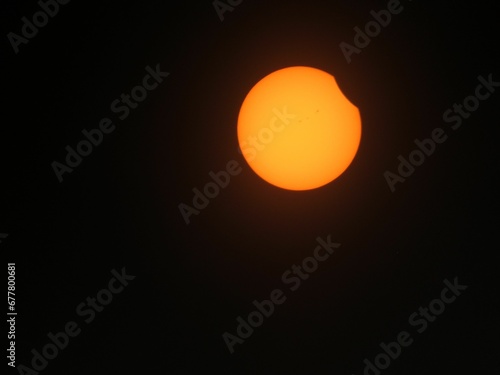 Close-up shot of solar eclipse on black background seen from the Shady Grove Baptist Church, Belton