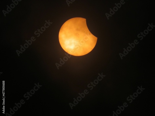Close-up shot of solar eclipse on black background seen from the Shady Grove Baptist Church, Belton