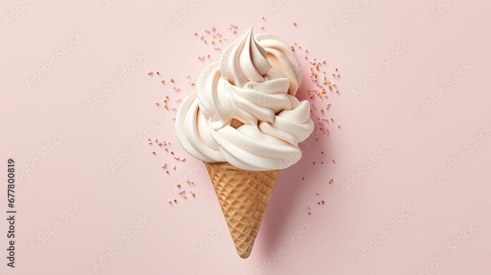 Naklejka premium an ice cream cone with white icing and sprinkles on a pink background with a pink background.