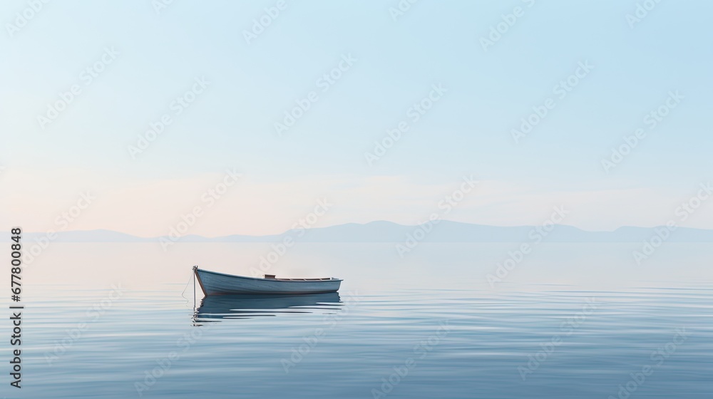 a small boat floating on top of a large body of water with mountains in the backgrouds of the sky. a small boat floating on top of a large body of water with mountains in the backgrouds of the sky.
