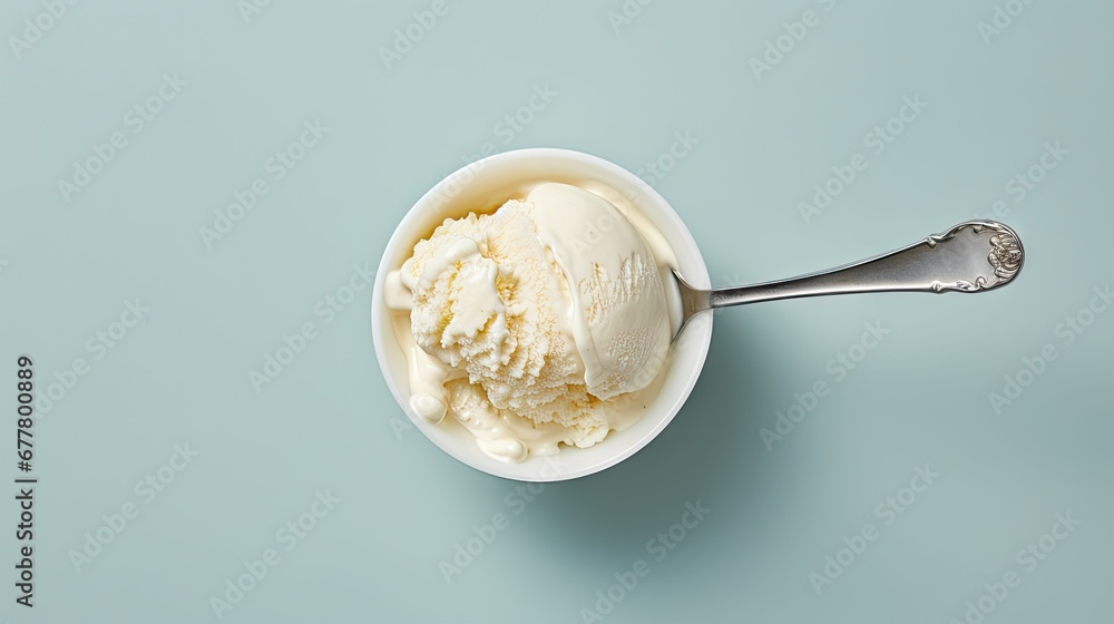 a scoop of ice cream in a white bowl with a spoon on a blue surface with a light blue background. a scoop of ice cream in a white bowl with a spoon on a blue surface with a light blue background.