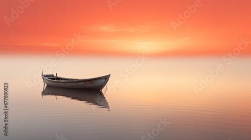  a small boat floating on top of a body of water under a red and orange sky with the sun in the distance. © Anna