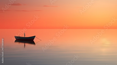  a small boat floating on top of a large body of water under a red and orange sky with the sun in the distance. © Anna