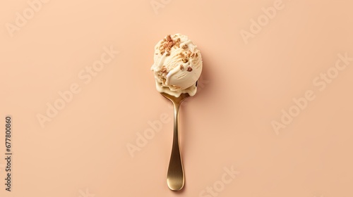  a spoon with a scoop of ice cream sitting on top of a pink surface with a bite taken out of it. photo