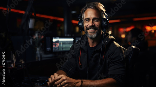 Portrait of a professional radio dj with headphones. Radio host speaking in microphone while moderating a live show.