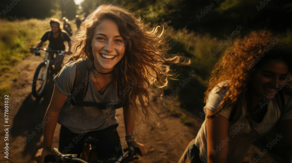 Obraz premium Group of friends having fun riding bicycles in the forest at sunset.
