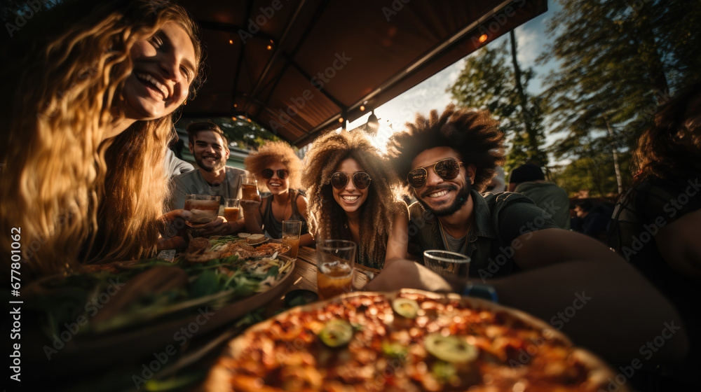 Group of young people having fun while eating pizza at a food festival, action camera shoot.
