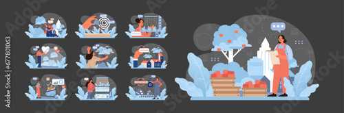 Urban farming set. City dwellers engaging in sustainable practices. Vertical farming, tree nurturing, compost creation, and eco-friendly agriculture. Organic produce in urban settings. Flat vector