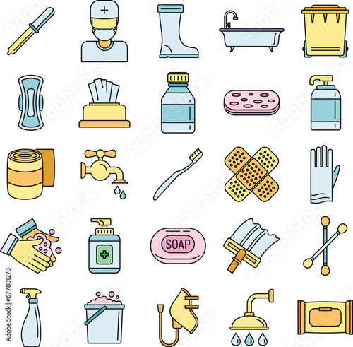 Sanitation disinfectant icons set. Outline set of sanitation disinfectant vector icons thin line color flat on white