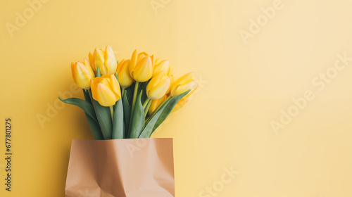 Bouquet of yellow tulips in a paper bag. Beautiful spring fresh flowers. Floral romantic mood. Springtime blossom, tulips bunch. Blossom petal. Floral background. Women’s happy holiday. Generated AI
