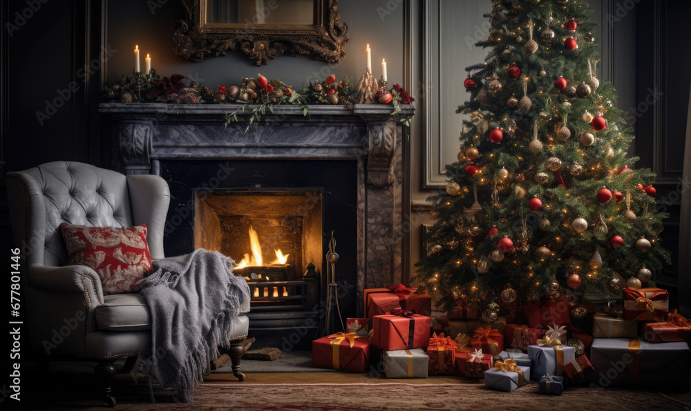 Christmas living room with armchair near the cozy fireplace, decorated Christmas tree with gift boxes