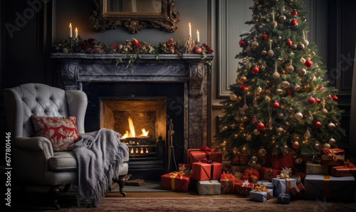 Christmas living room with armchair near the cozy fireplace  decorated Christmas tree with gift boxes