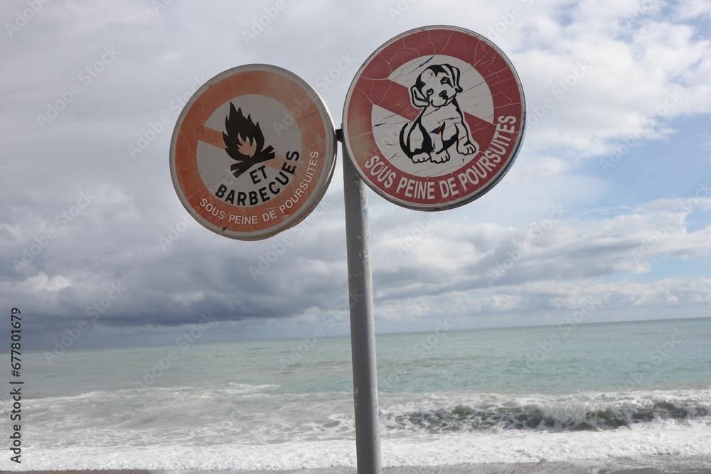 Close-up shot of no barbecue and no dogs allowed signs at beach