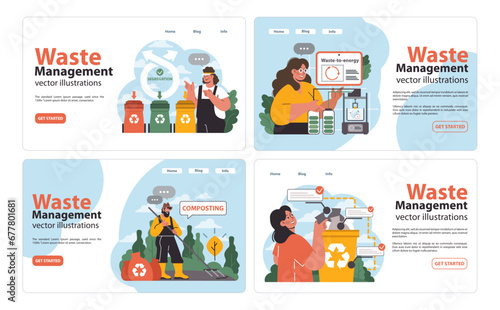 Waste Management set. Dedicated professionals teach eco-practices. Segregation bins, composting, waste-to-energy techniques. Active recycling, eco-conscious decisions. Flat vector illustration
