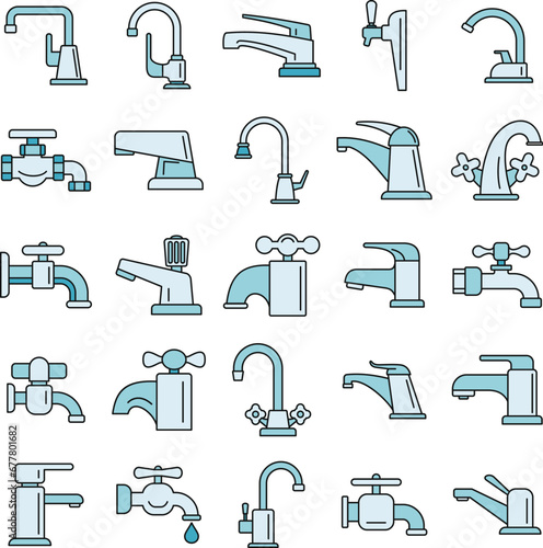 Water faucet icons set. Outline set of water faucet vector icons thin line color flat on white