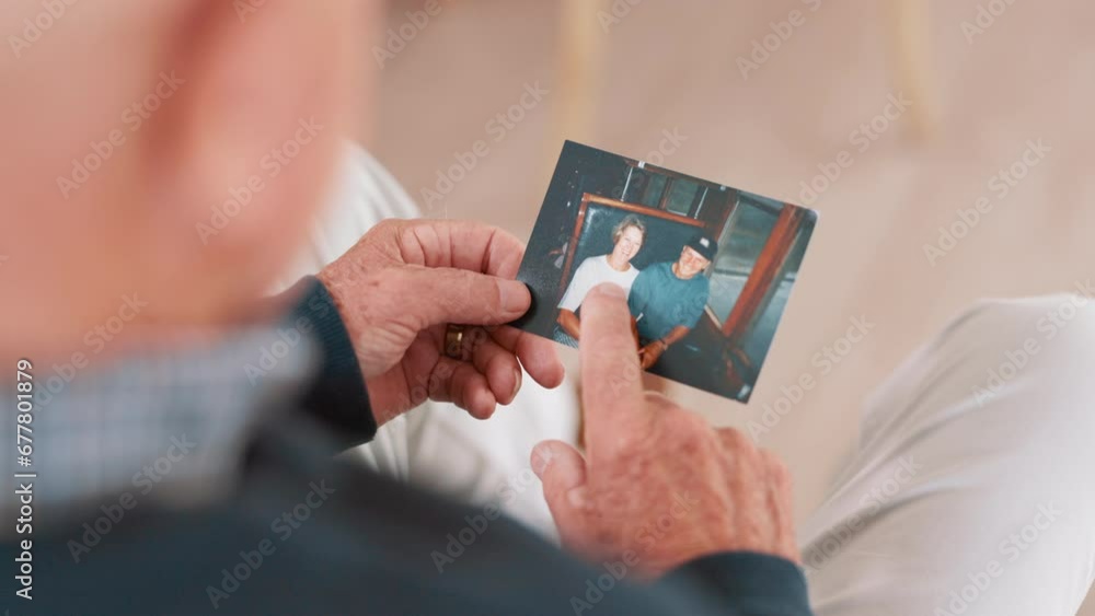 Photograph, memory and old man in home remember woman, event and marriage with nostalgia. Elderly, hands and mourning death of wife or person in vintage picture with love and thinking of history Photograph, memory and old man in home remember woman, event and marriage with nostalgia. Elderly, hands and mourning death of wife or person in vintage picture with love and thinking of history