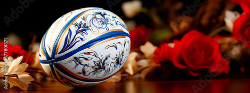Sport. A modern rugby ball near some flowers. photo
