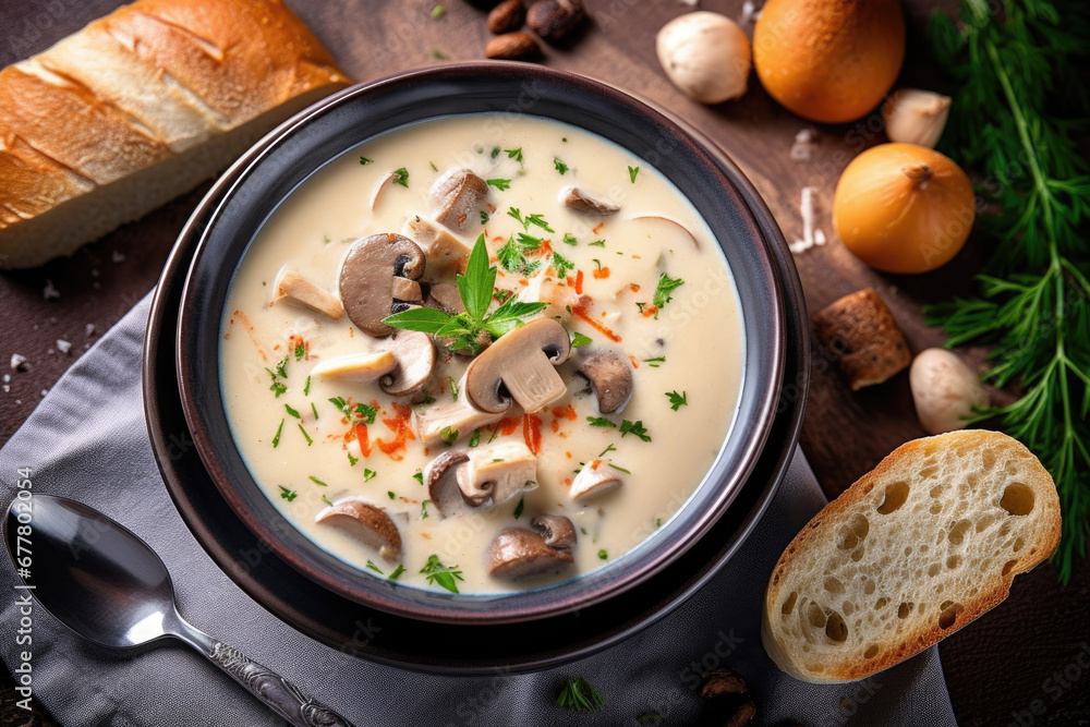 Cream cheese soup with mushrooms potatoes and chicken in bowl, ingredients on the background