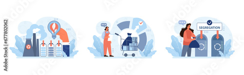 Waste management set. Power plants reduce emissions, employee guides recycling, public segregation initiative. Responsible disposal, community involvement. Flat vector illustration