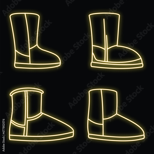 Fashion boots icons set. Outline set of fashion ugg boots vector icons neon color on black