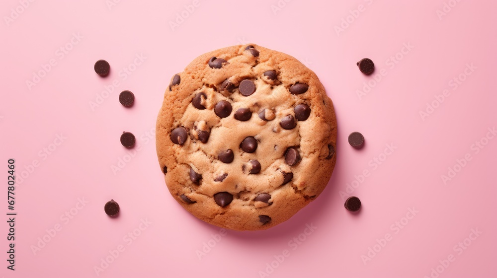 a chocolate chip cookie sitting on top of a pink surface with chocolate chips scattered on the side of the cookie. a chocolate chip cookie sitting on top of a pink surface with chocolate chips scattered on the side of the cookie.