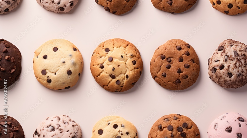  a variety of cookies and muffins arranged in a row on top of a white surface with chocolate chips and sprinkles.