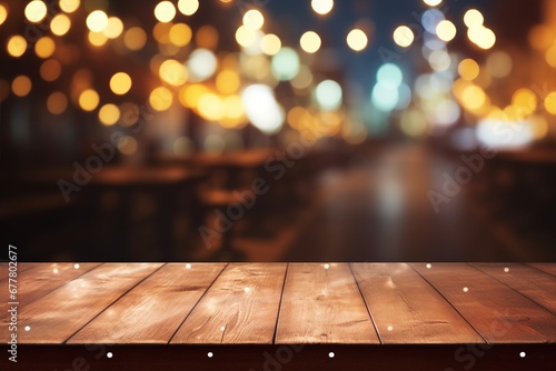 In the foreground, a wooden table is highlighted against an abstract and blurred restaurant lights background, setting the mood for an evening of culinary delights. Created with generative AI tools photo