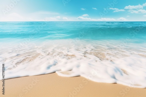 A abstract representation of a sunlit beach with turquoise waters   a background concept for a dreamy seaside resort  offering room for text or product presentation. Created with generative AI tools