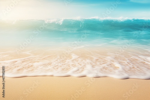 An abstract beach setting adorned with radiant sunlight and tranquil turquoise waves   an background concept for an idyllic seaside resort  space for text or product. Created with generative AI tools
