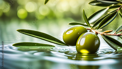 Natural view of an olive tree branch hanging down to lake of olive oil liquid