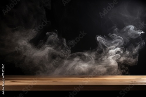 On a dark background, an empty wooden table features rising smoke, offering a blank canvas for displaying your products. Created with generative AI tools