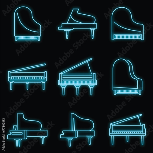 Classic grand piano icons set. Outline set of classic grand piano vector icons neon color on black